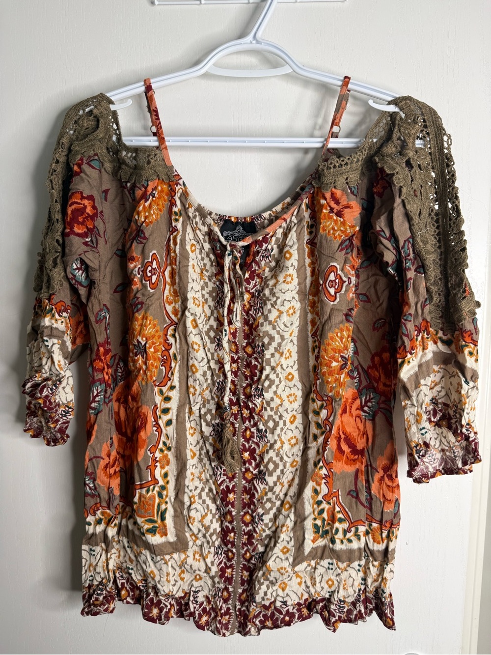 ANGIE  Boho Floral Cold-Shoulder Peasant Top in Olive and Orange Medium